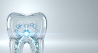 Transparent tooth model with blue crystalline structure and glowing center, isolated on white background for dental education, orthodontics presentations, and healthcare design projects.