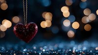 Glittering red heart pendant against dark background with golden bokeh lights creating romantic atmosphere. Valentines day concept with copy space.