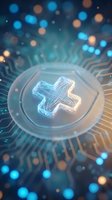 Glowing medical cross symbol on futuristic digital platform with circuit patterns and bokeh lights for healthcare technology concepts.