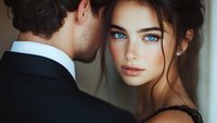Young woman with striking blue eyes and dark hair gazes intensely while close to man in black suit, creating romantic atmosphere. Soft lighting enhances intimate moment.