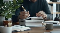 Person writing in notebook at wooden desk with books, coffee cup, and green plant, creating cozy study atmosphere for academic or creative work.