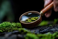 Vintage magnifying glass examining green moss on dark stone, macro photography with shallow depth of field and natural bokeh background.