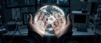 Businessman hands holding glowing digital sphere with network connections in modern office environment for technology and innovation concepts.