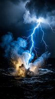 Dramatic lightning strike hitting turbulent ocean waves with explosive sparks and stormy clouds, conveying raw power and natural forces for weather, climate, and disaster-related projects.