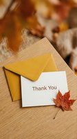 Autumn thank you card with yellow envelope and red maple leaf on wooden surface, warm fall tones for seasonal greeting and appreciation concepts.