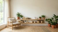 Wooden chair with potted plants and shelving unit in bright minimalist interior with natural light from window.