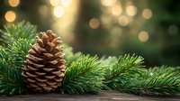 Pine cone nestled among fresh evergreen branches with soft golden bokeh lights in background creates magical holiday atmosphere.