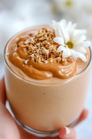 Creamy chocolate smoothie topped with crunchy granola and white flower garnish in glass, close-up view showing rich texture and layers of sweet breakfast drink.