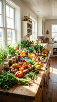 Bright kitchen counter filled with fresh organic produce including tomatoes, citrus fruits, leafy greens, and vegetables arranged for meal preparation and healthy cooking.