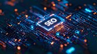 Digital circuit board with glowing SEO chip processor for search engine optimization and web marketing technology concepts in blue and orange lighting.