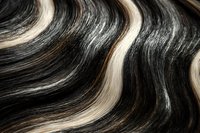 Close up view of wavy black and blonde highlighted hair strands showing natural texture and shine pattern, suitable for hair salon and beauty industry marketing.