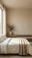 Minimalist bedroom with neutral beige walls, white bedding, wooden shelf, dried plant arrangement in ceramic vase, and natural light from window. Ideal for interior design and home decor projects.