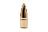 Gold metallic bullet isolated on white background, shiny brass ammunition cartridge with reflective surface, studio shot for military and weapon design projects.