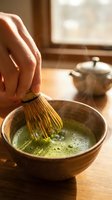 Hands whisking matcha powder in ceramic bowl during traditional tea ceremony preparation, creating frothy green beverage in warm kitchen setting.