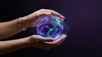 Protective hands surrounding glowing brain with neural networks on dark background representing mental health care and cognitive protection concepts.