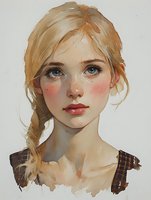 Young woman with blonde braid, rosy cheeks and blue eyes in watercolor style portrait against light background, wearing plaid fabric. Soft artistic rendering shows delicate features.