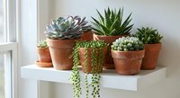 Collection of diverse succulent plants in terracotta pots arranged on white shelf near window for home decor and indoor gardening display.