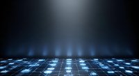 Digital grid floor with glowing blue light rays and data nodes, representing technology, network connectivity, cyberspace, and digital transformation for tech backgrounds.