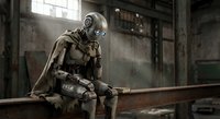 Futuristic humanoid robot sitting on wooden bench in abandoned industrial warehouse with dramatic lighting and atmospheric dust particles.