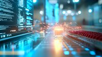 Futuristic digital technology concept with glowing network connections on circuit board against blurred server room background.