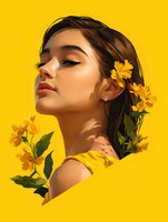 Young Asian woman with glowing skin in profile view against yellow background, adorned with yellow flowers in her dark hair, expressing serenity and natural beauty.