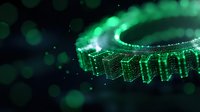 Glowing green digital gear mechanism with binary code pattern and bokeh effects on dark background, representing technological advancement and data processing.