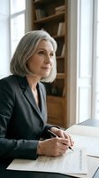 Mature woman with gray hair wearing dark blazer signing document at desk near window with bookshelf, suitable for business, legal, and corporate concepts.