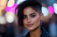 Young mixed race woman with modern asymmetric haircut and natural makeup smiling confidently against blurred city lights bokeh background at dusk.