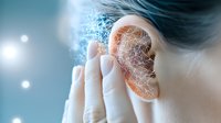 Conceptual visualization of tinnitus or hearing loss with glowing digital network pattern overlaying human ear, representing auditory sensory processing and sound waves.