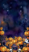 Spooky autumn night scene with carved jack-o-lantern pumpkins, glowing cauldron, skulls, bare branches, and starry sky with nebula clouds. Perfect for seasonal designs and Halloween projects.
