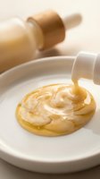 Golden serum or oil dropper dispensing liquid onto cream swirl on white ceramic plate, skincare and cosmetic product application.