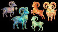 Aries zodiac ram symbols in decorative ornamental styles, isolated on transparent background. Featuring colorful patterned designs with gold accents, perfect for astrology graphics, t-shirt designs, clipart, stickers, sublimation prints and horoscope-themed merchandise.
