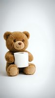 Cute brown teddy bear holding white toilet paper roll on clean white background for bathroom hygiene and comfort concepts.