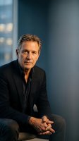 Mature Caucasian male professional in black casual business attire seated indoors against modern urban backdrop with blurred office windows, suitable for corporate portraits and business communications.