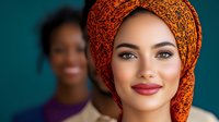 Young woman wearing colorful orange headwrap with traditional African pattern, smiling confidently with natural makeup against teal background.