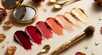 Luxury lipstick color swatches in warm autumn tones with golden makeup brush and mirror on elegant background for cosmetic branding and beauty campaigns.