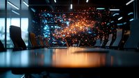 Futuristic conference room with glowing particle display on glass wall creates dramatic atmosphere. Orange and blue light reflections on modern meeting table surface.
