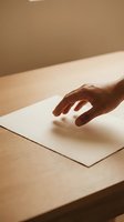 Hand of a person with medium-dark skin tone reaching toward blank white paper on wooden desk, suitable for business, creativity, and design concepts.