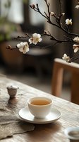 Peaceful tea moment with blooming cherry branch on rustic wooden table. Serene spring atmosphere for relaxation, mindfulness and wellness concepts.