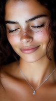 Close up portrait of young mixed race woman with freckles, closed eyes and gentle smile wearing silver necklace against dark background. Natural beauty concept.