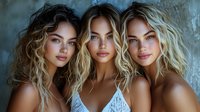 Three young women with wavy hair and natural makeup pose together, showing diverse beauty looks from brunette to blonde, wearing light colored tops against textured wall background.