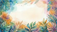 Watercolor tropical leaves frame with soft pastel background, colorful botanical border with monstera and palm foliage, copy space center.