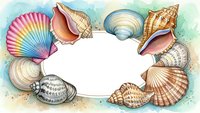 Watercolor seashells frame with blank white space for text, marine border design for summer vacation cards, ocean themed decorative element on aqua background.