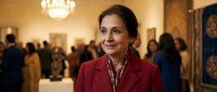 Middle-aged Hispanic businesswoman in burgundy blazer smiling confidently at upscale art gallery opening with elegant chandelier and crowd in background.