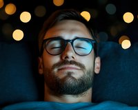 Young caucasian man with beard and glasses relaxing with closed eyes against blurred bokeh lights background, expressing peace and contentment in dark moody setting.