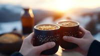 Two hands holding ceramic cups with hot drinks toasting against sunset background, creating cozy winter atmosphere with warm golden light and steam.