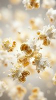 Fresh popped popcorn kernels floating in air with warm golden lighting and soft bokeh background for snack and entertainment concepts.