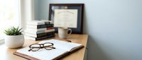 Professional workspace with eyeglasses on open notebook, coffee cup, books and diploma certificate on wooden desk for business and education concepts.