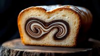 Freshly sliced marble pound cake showing swirled chocolate and vanilla pattern inside on rustic wooden surface against dark background. Close up view of pastry.