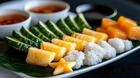 Fresh tropical fruit platter with sticky rice, sliced pineapple, mango, cucumber on banana leaf served with sweet chili dipping sauce on dark plate.